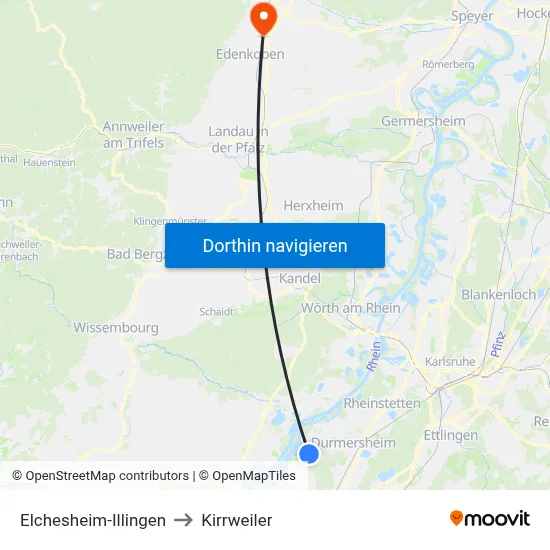 Elchesheim-Illingen to Kirrweiler map
