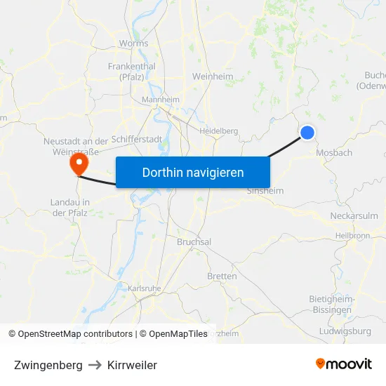 Zwingenberg to Kirrweiler map