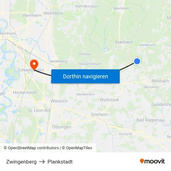 Zwingenberg to Plankstadt map