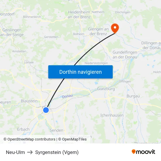 Neu-Ulm to Syrgenstein (Vgem) map