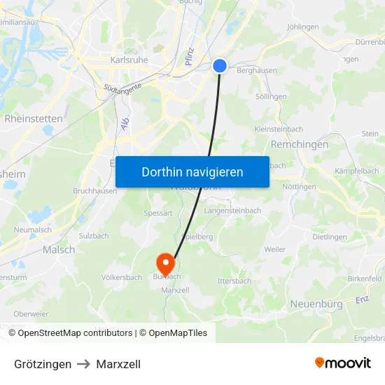Grötzingen to Marxzell map