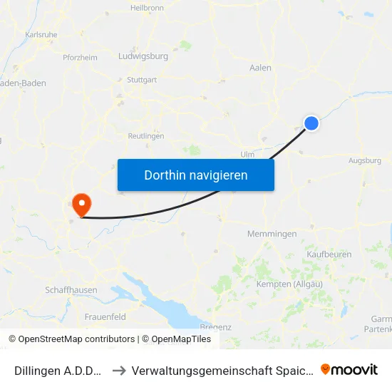 Dillingen A.D.Donau to Verwaltungsgemeinschaft Spaichingen map
