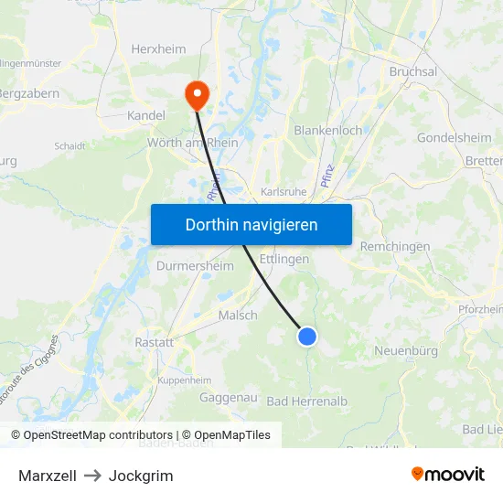 Marxzell to Jockgrim map