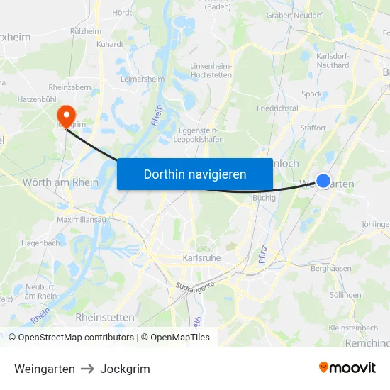 Weingarten to Jockgrim map