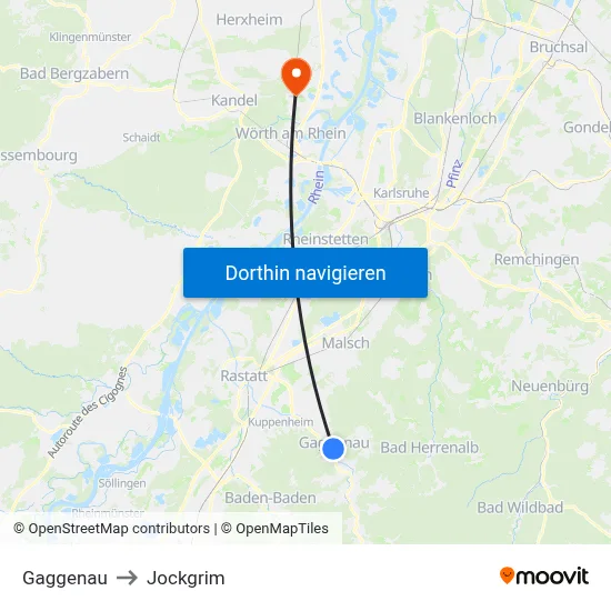 Gaggenau to Jockgrim map
