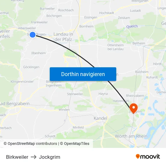 Birkweiler to Jockgrim map