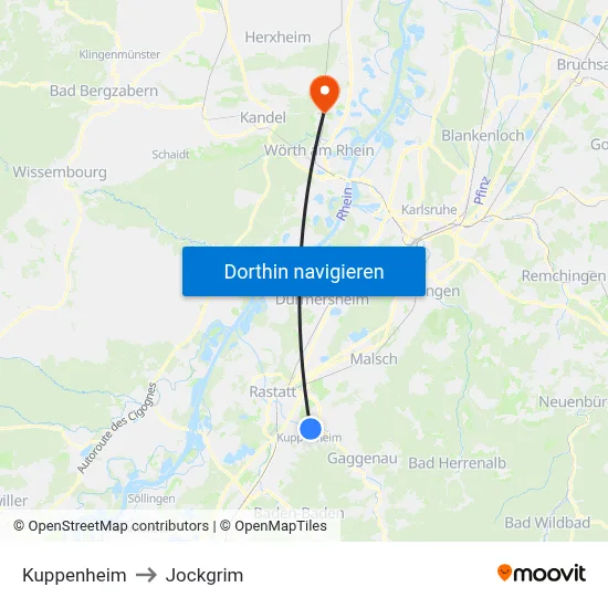 Kuppenheim to Jockgrim map