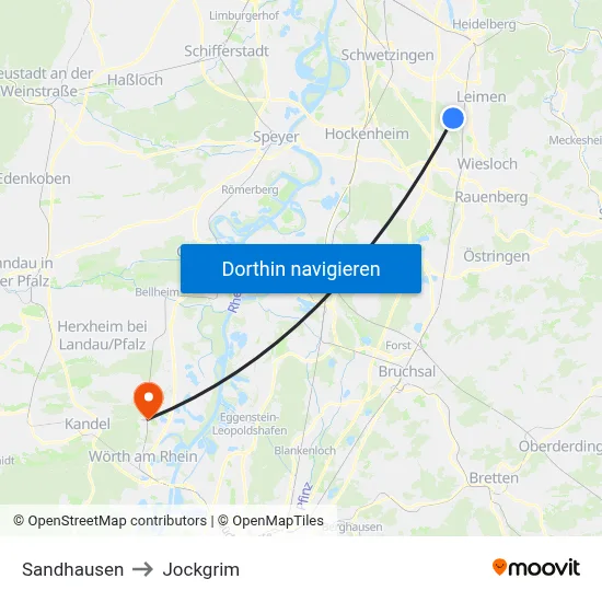 Sandhausen to Jockgrim map