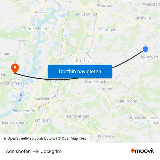 Adelshofen to Jockgrim map