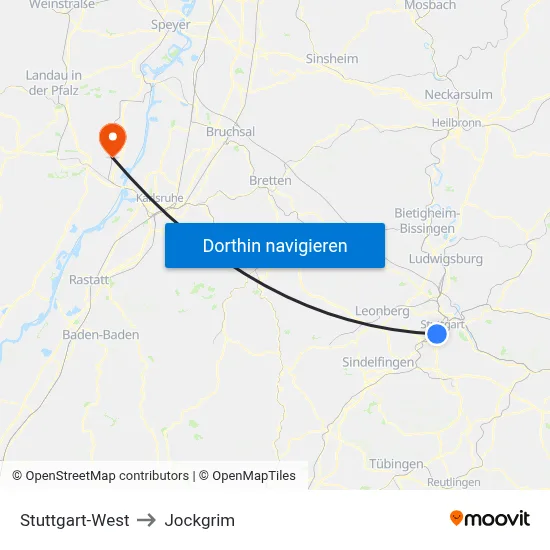Stuttgart-West to Jockgrim map