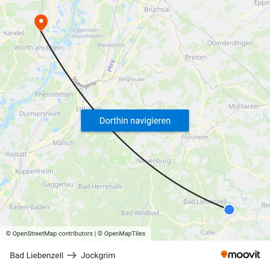 Bad Liebenzell to Jockgrim map