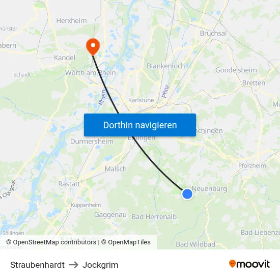 Straubenhardt to Jockgrim map