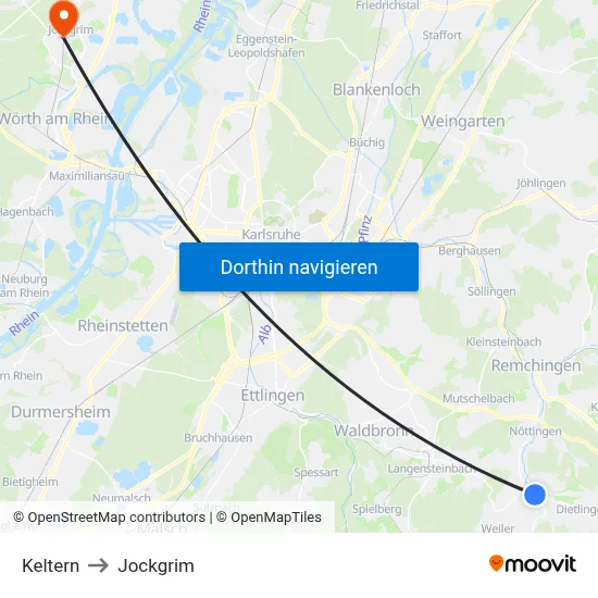 Keltern to Jockgrim map