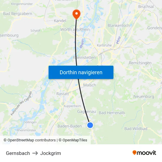 Gernsbach to Jockgrim map