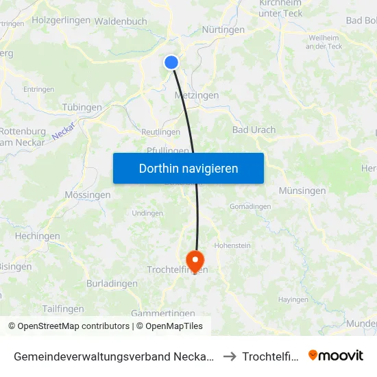 Gemeindeverwaltungsverband Neckartenzlingen to Trochtelfingen map