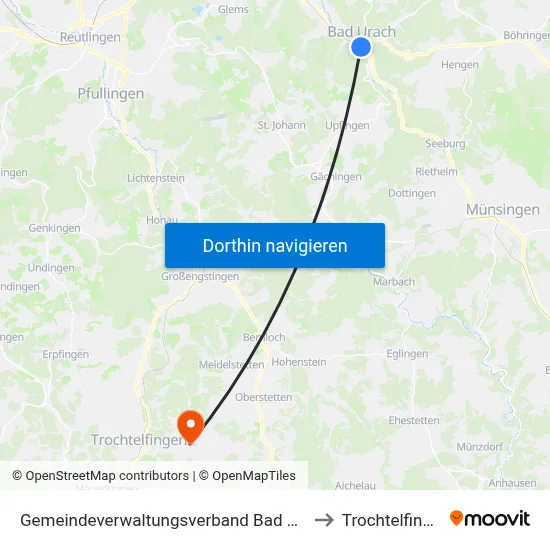 Gemeindeverwaltungsverband Bad Urach to Trochtelfingen map
