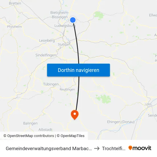 Gemeindeverwaltungsverband Marbach am Neckar to Trochtelfingen map