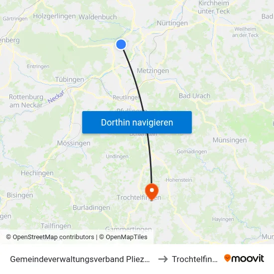 Gemeindeverwaltungsverband Pliezhausen to Trochtelfingen map