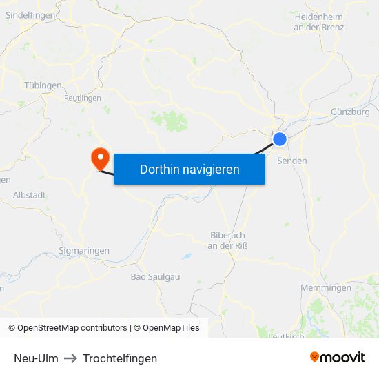 Neu-Ulm to Trochtelfingen map