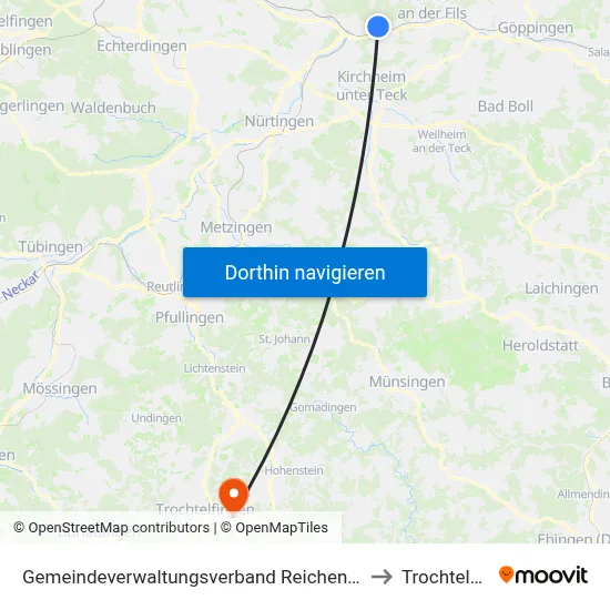 Gemeindeverwaltungsverband Reichenbach An Der Fils to Trochtelfingen map