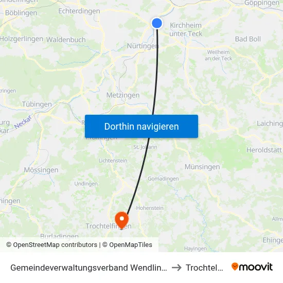 Gemeindeverwaltungsverband Wendlingen am Neckar to Trochtelfingen map