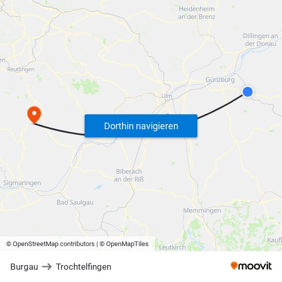 Burgau to Trochtelfingen map