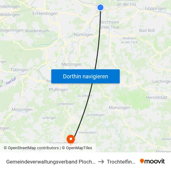 Gemeindeverwaltungsverband Plochingen to Trochtelfingen map