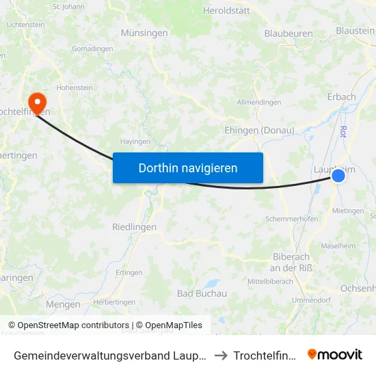 Gemeindeverwaltungsverband Laupheim to Trochtelfingen map