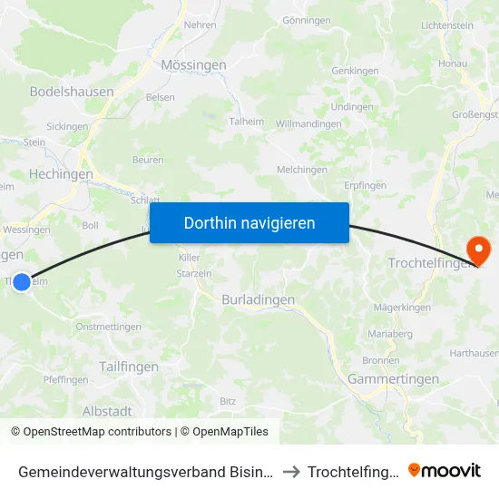 Gemeindeverwaltungsverband Bisingen to Trochtelfingen map