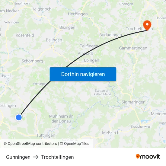 Gunningen to Trochtelfingen map