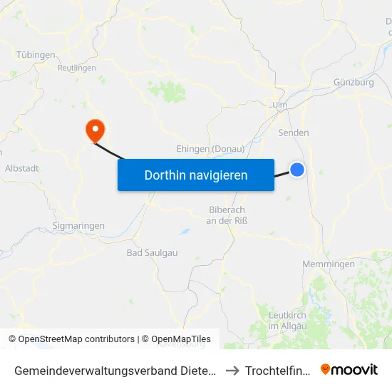 Gemeindeverwaltungsverband Dietenheim to Trochtelfingen map