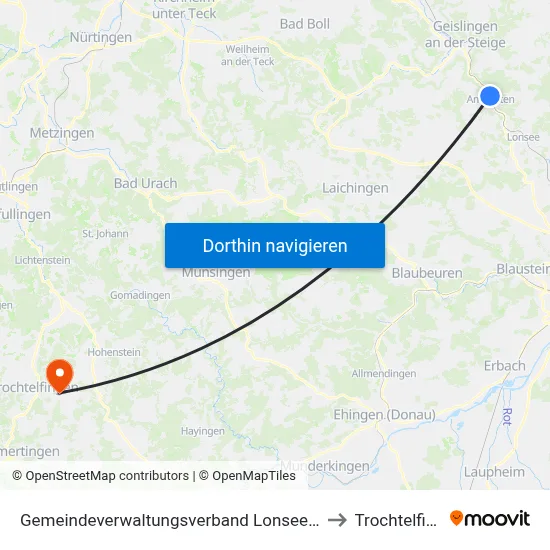 Gemeindeverwaltungsverband Lonsee-Amstetten to Trochtelfingen map