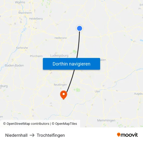 Niedernhall to Trochtelfingen map