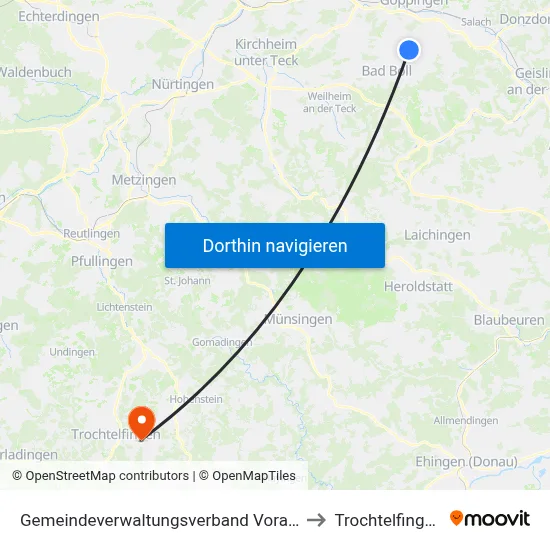 Gemeindeverwaltungsverband Voralb to Trochtelfingen map