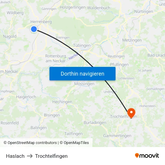 Haslach to Trochtelfingen map