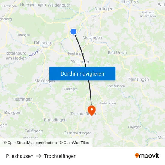 Pliezhausen to Trochtelfingen map