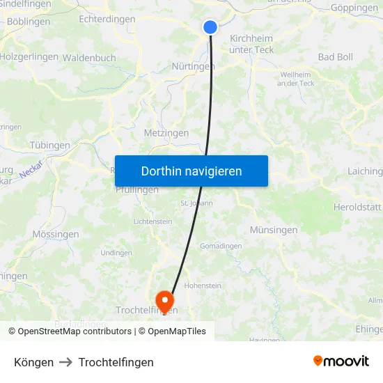 Köngen to Trochtelfingen map