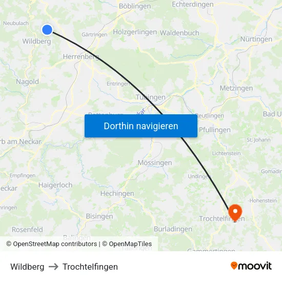 Wildberg to Trochtelfingen map