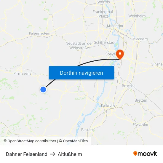 Dahner Felsenland to Altlußheim map