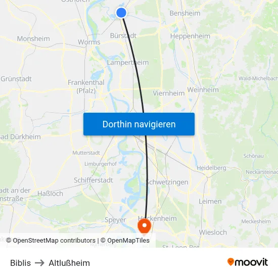 Biblis to Altlußheim map