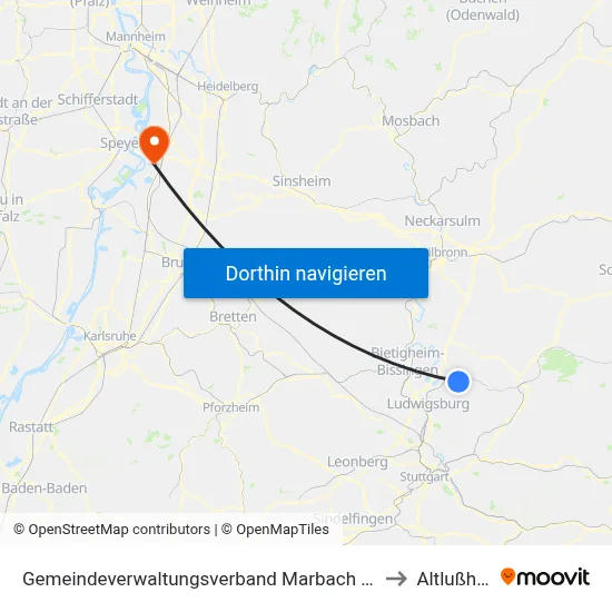 Gemeindeverwaltungsverband Marbach am Neckar to Altlußheim map