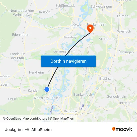 Jockgrim to Altlußheim map