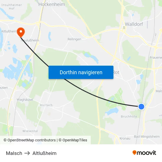 Malsch to Altlußheim map