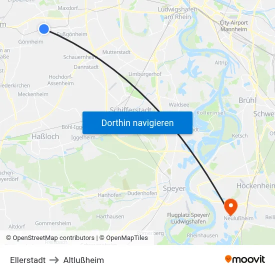 Ellerstadt to Altlußheim map