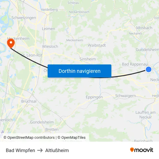 Bad Wimpfen to Altlußheim map