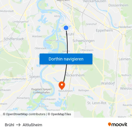 Brühl to Altlußheim map