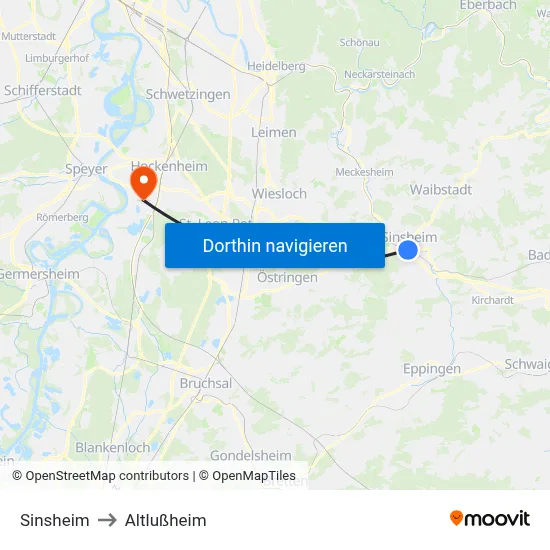 Sinsheim to Altlußheim map