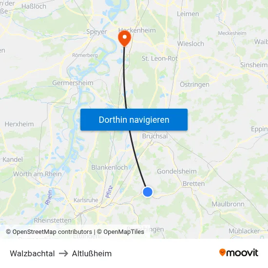 Walzbachtal to Altlußheim map