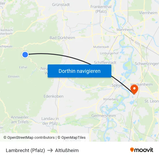 Lambrecht (Pfalz) to Altlußheim map