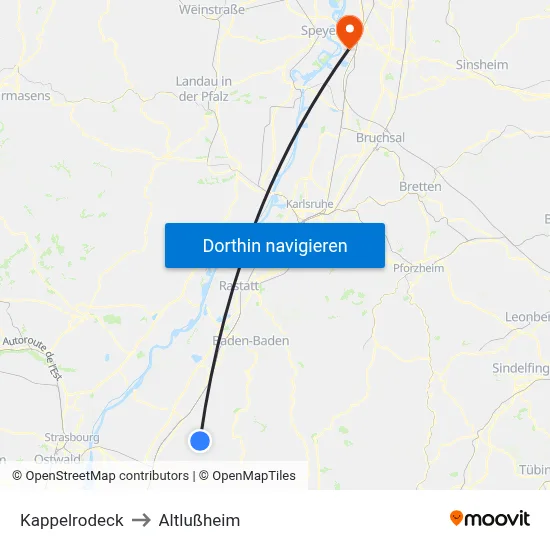 Kappelrodeck to Altlußheim map